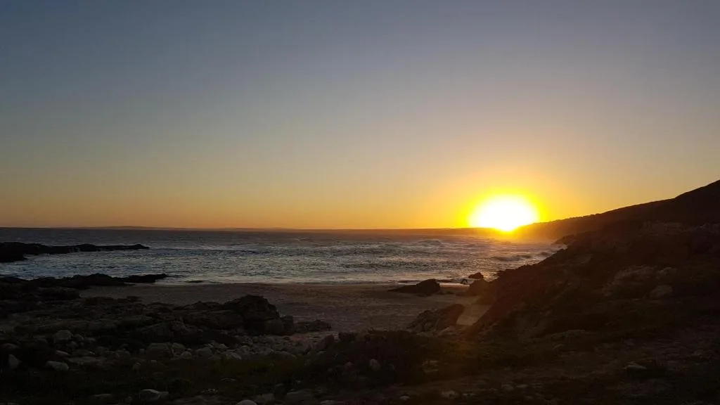 Sunset over the ocean with golden light reflecting on water and rocky coastline