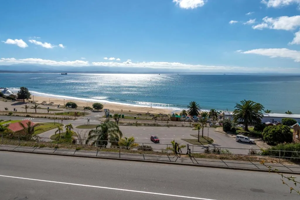 Expansive ocean and beach vista with palm trees and coastal town below