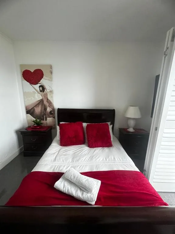 Modern bedroom with black bed frame and striking red bedding and pillows