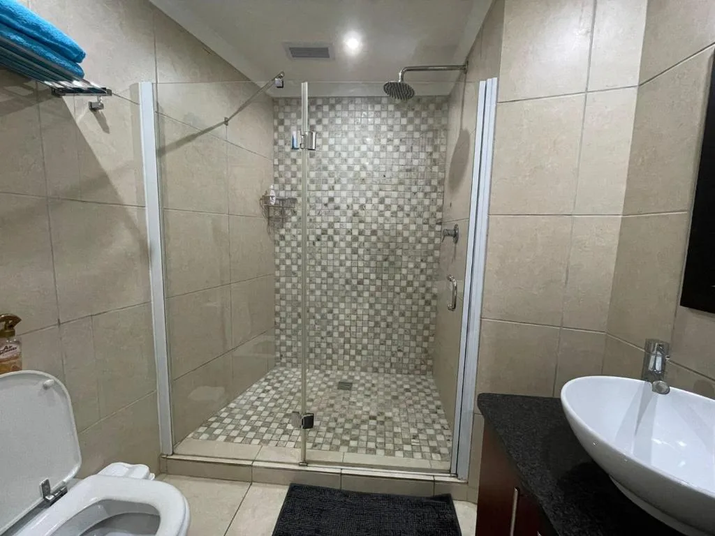 Modern bathroom with walk-in shower, toilet, and round white sink basin