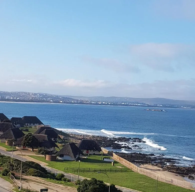 Panoramic ocean and coastal landscape view with distant hillside town
