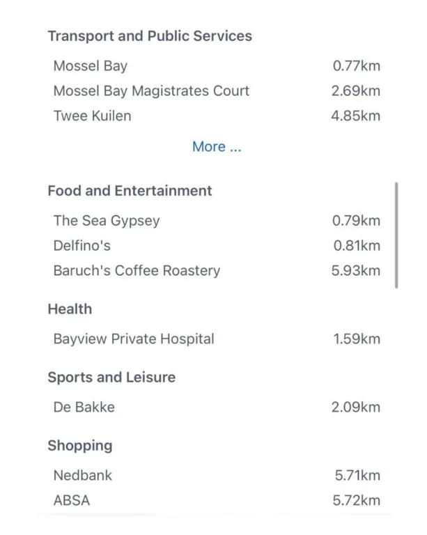 Local amenities map showing nearby shops, restaurants, and services in Mossel Bay area
