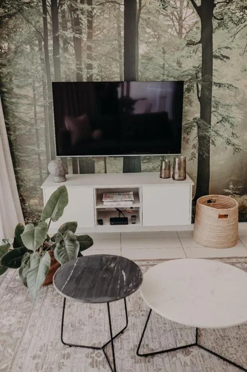 Modern lounge with TV, plants, side tables, and forest wallpaper backdrop